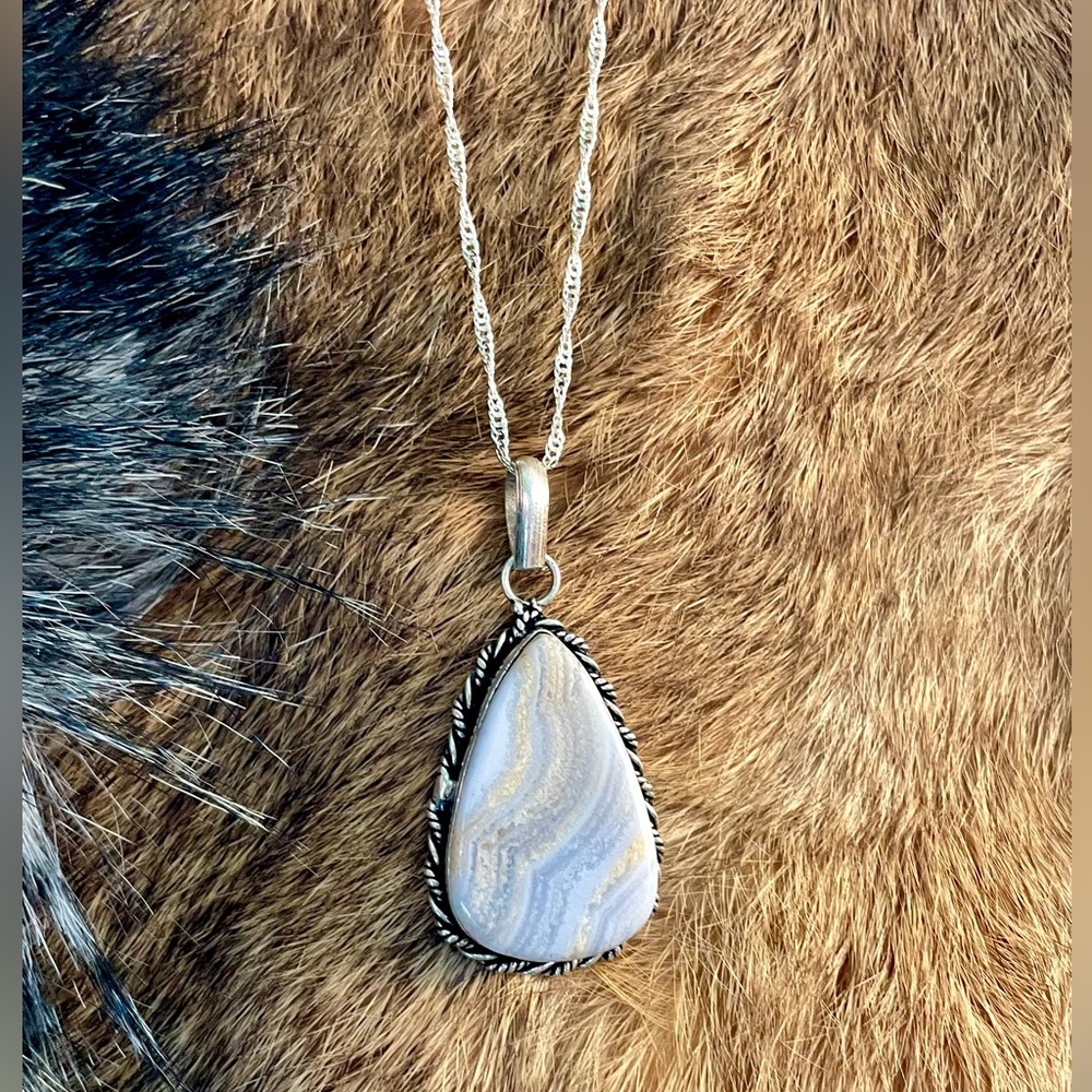 😵 Genuine blue lace agate Prndant necklace purple druzy stone crystal gem 925